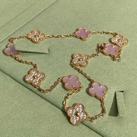 [LUXE]CLOVER 10 MOTIFS DIAMOND PINK MOP NECKLACE