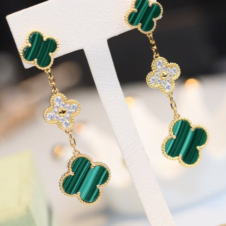 [LUXE] PENDIENTES DE TRÉBOL ORO MALAQUITA DIAMANTE 3 MOTIVOS
