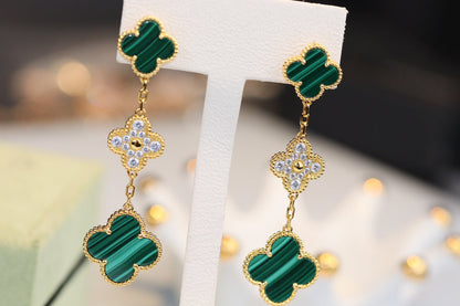 [LUXE] PENDIENTES DE TRÉBOL ORO MALAQUITA DIAMANTE 3 MOTIVOS