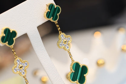 [LUXE] PENDIENTES DE TRÉBOL ORO MALAQUITA DIAMANTE 3 MOTIVOS