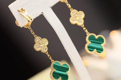 [LUXE] PENDIENTES DE TRÉBOL ORO MALAQUITA DIAMANTE 3 MOTIVOS