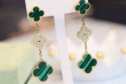 [LUXE] PENDIENTES DE TRÉBOL ORO MALAQUITA DIAMANTE 3 MOTIVOS