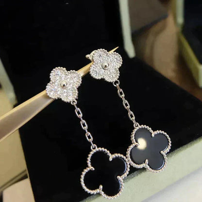 [LUXE]CLOVER 2 MOTIFS  DIAMOND ONYX EARRINGS SILVER