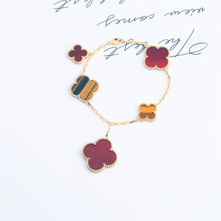 [LUXE]PULSERA DE TRÉBOL 5 MOTIVOS CORNALINA OJO DE TIGRE