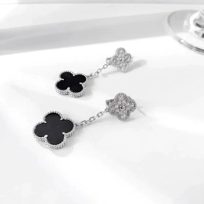 [LUXE]CLOVER 2 MOTIFS  DIAMOND ONYX EARRINGS SILVER
