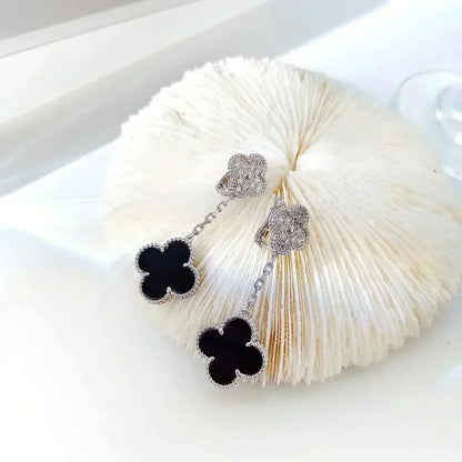 [LUXE]CLOVER 2 MOTIFS  DIAMOND ONYX EARRINGS SILVER