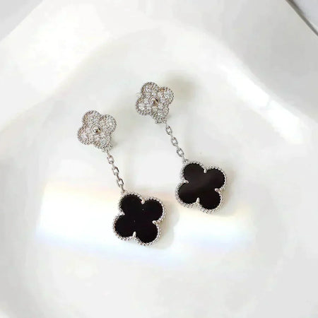 [LUXE]CLOVER 2 MOTIFS  DIAMOND ONYX EARRINGS SILVER