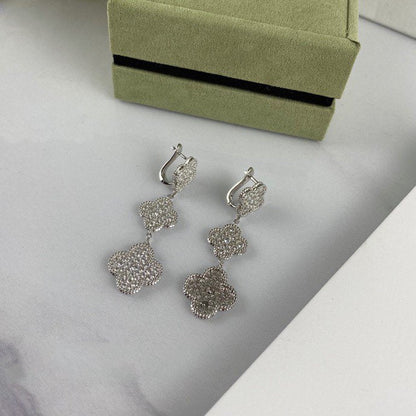 [LUXE] PENDIENTES DE PLATA CON 3 MOTIVOS DE TRÉBOL Y DIAMANTES