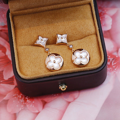 [LUXE] PENDIENTES DE LONGITUD DE MOPA EN ORO ROSA CON ESTRELLA Y SOL