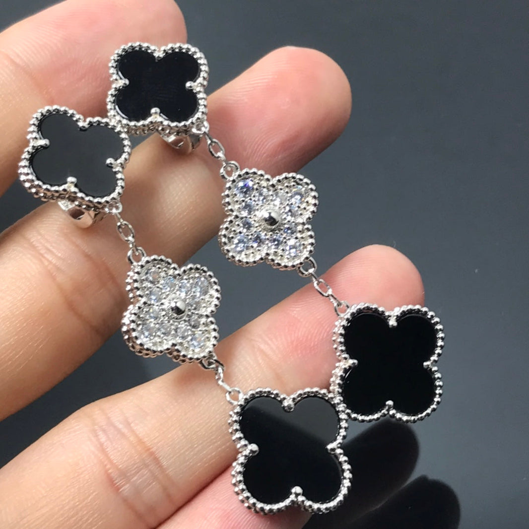 [LUXE]CLOVER 3 MOTIF DIAMOND ONYX SILVER EARRINGS