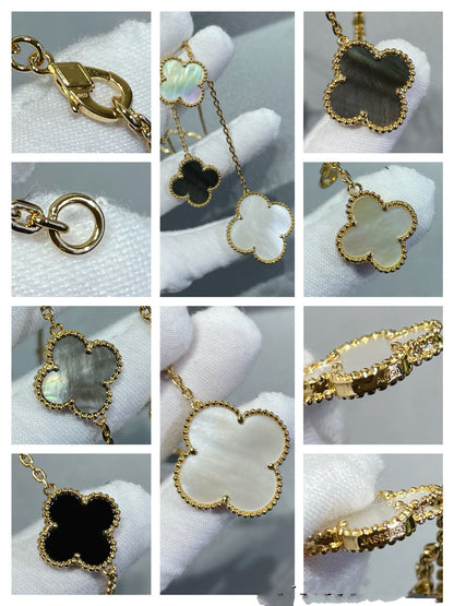 [LUXE] COLLAR DE ORO CON ÓNIX Y MOTIVO DE TRÉBOL DE 6 PIEDRAS 