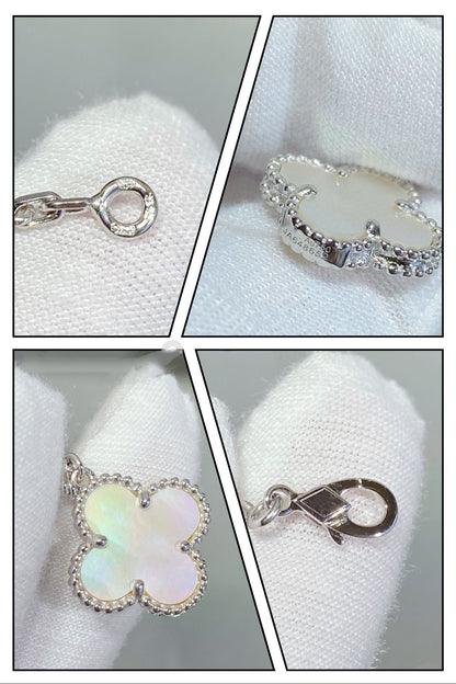 [LUXE] PULSERA DE PLATA CON 5 MOTIVOS DE TRÉBOL Y MOPA BLANCA