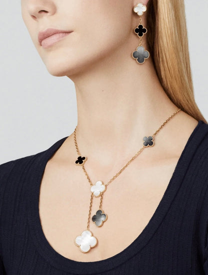 [LUXE]CLOVER 3 MOTIF MOP ONYX DARK MOP PINK GOLD EARRINGS