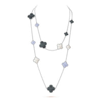 [LUXE] COLLAR DE PLATA CON 16 MOTIVOS DE TRÉBOL Y CALCEDONIA