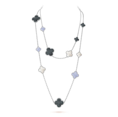 [LUXE] COLLAR DE PLATA CON 16 MOTIVOS DE TRÉBOL Y CALCEDONIA