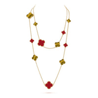 [LUXE] COLLAR DE OJO DE TIGRE CON 16 MOTIVOS DE TRÉBOL Y CORNALINA EN ORO ROSA