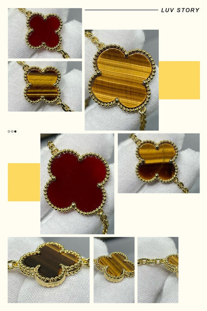 [LUXE] COLLAR DE OJO DE TIGRE CON 16 MOTIVOS DE TRÉBOL Y CORNALINA EN ORO ROSA
