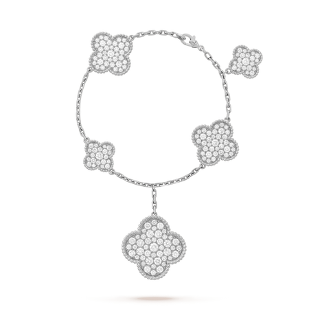 [LUXE] PULSERA DE PLATA Y DIAMANTES CON 6 MOTIVOS DE TRÉBOL
