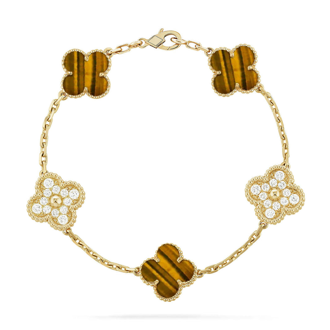 [LUXE] CLOVER 5 MOTIFS TIGER EYE BRACELET COLLECTION