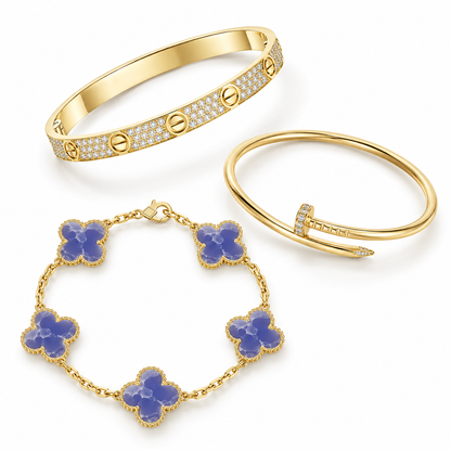 [LUXE] LOVE & JUSTE & Blue Veins Clover 5-Motif Diamond Bracelet Stack Set