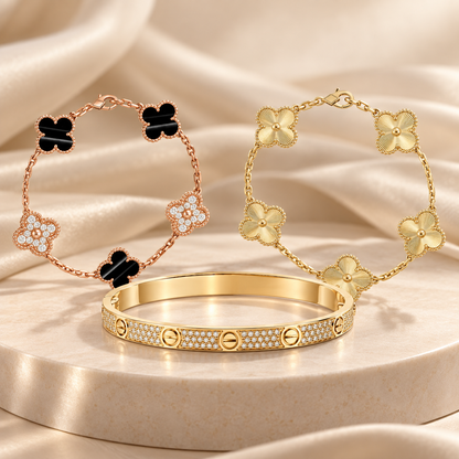 [LUXE]Clover Laser  Pulsar Stone 5-Motif & LOVE Diamond-Paved Bracelet Stack Set