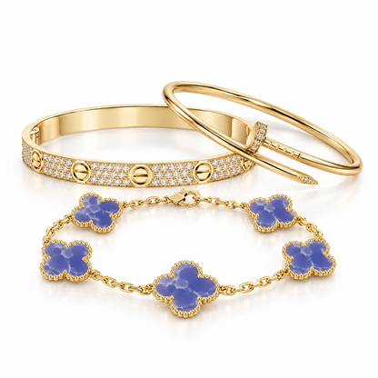 [LUXE] LOVE & JUSTE & Blue Veins Clover 5-Motif Diamond Bracelet Stack Set