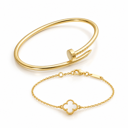 [LUXE] Clover White Mother-of-Pearl & JUSTE Bracelet Stack Set