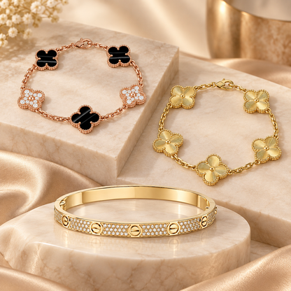 [LUXE]Clover Laser  Pulsar Stone 5-Motif & LOVE Diamond-Paved Bracelet Stack Set
