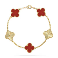 [LUXE] PULSERA DE ORO CON 5 MOTIVOS DE TRÉBOL Y CORNALINA 