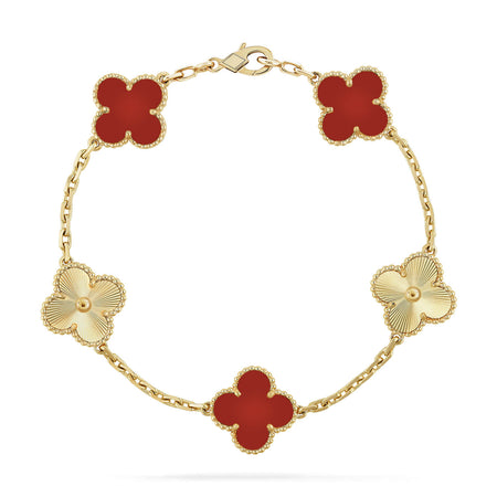 [LUXE] PULSERA DE ORO CON 5 MOTIVOS DE TRÉBOL Y CORNALINA 