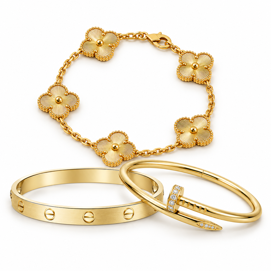 [LUXE] Clover & Love & Juste 3-Piece Gold Bracelet Stack Set