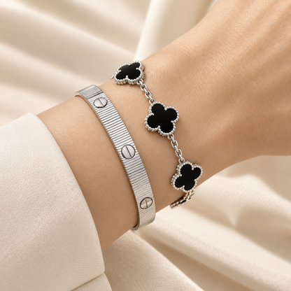 [LUXE]Clover & Love Sliver 2-Piece Bracelet Stack Set