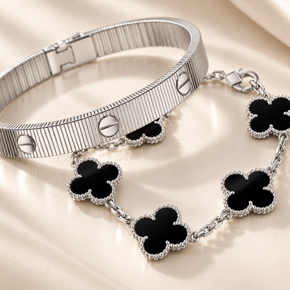 [LUXE]Clover & Love Sliver 2-Piece Bracelet Stack Set
