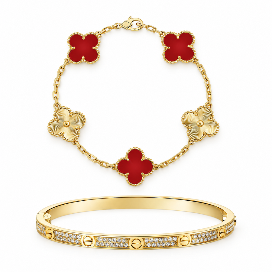 [LUXE]Clover & Love Diamond-Paved Radiant Line 2-Piece Bracelet Stack Set