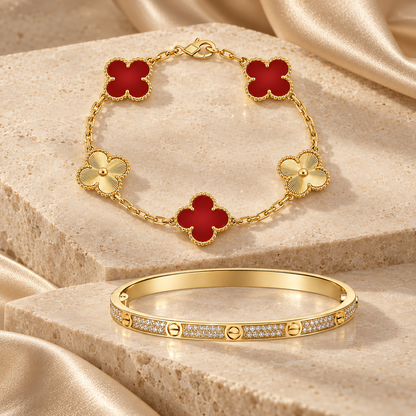 [LUXE]Clover & Love Diamond-Paved Radiant Line 2-Piece Bracelet Stack Set