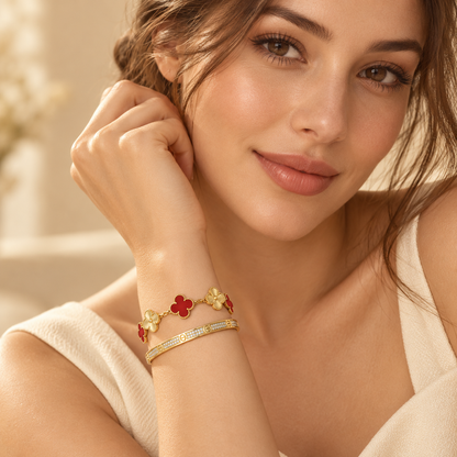 [LUXE]Clover & Love Diamond-Paved Radiant Line 2-Piece Bracelet Stack Set
