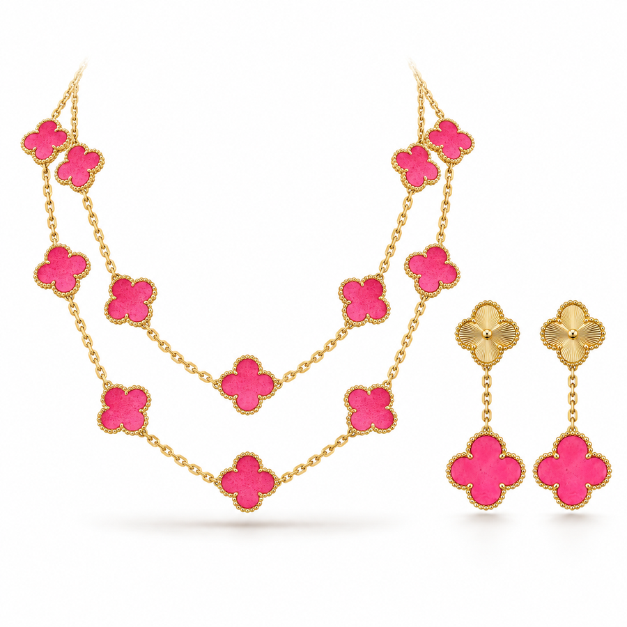 [LUXE]Clover Pink Enamel Necklace & Earring Jewelry Set