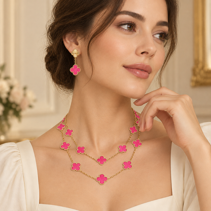 [LUXE]Clover Pink Enamel Necklace & Earring Jewelry Set