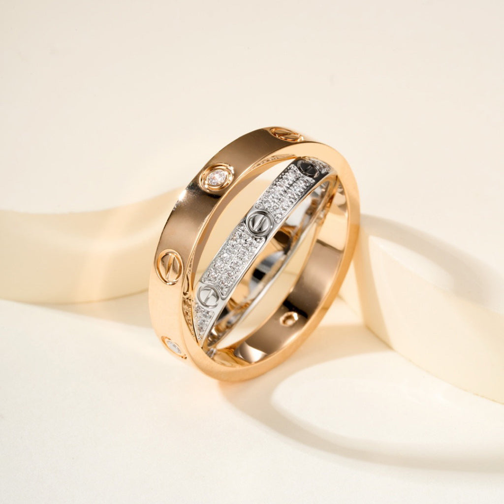 [LUXE] LOVE PINK GOLD SILVER DIAMOND DOUBLE RING