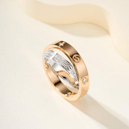 [LUXE] LOVE PINK GOLD SILVER DIAMOND DOUBLE RING