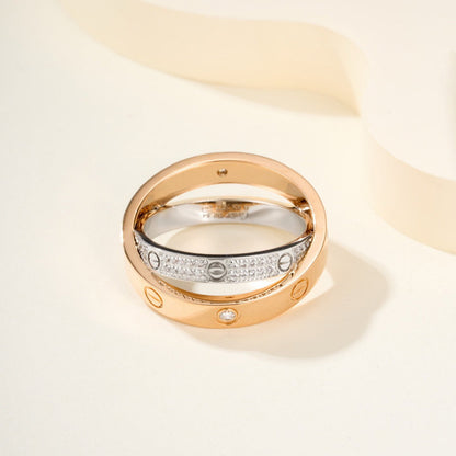 [LUXE] LOVE PINK GOLD SILVER DIAMOND DOUBLE RING