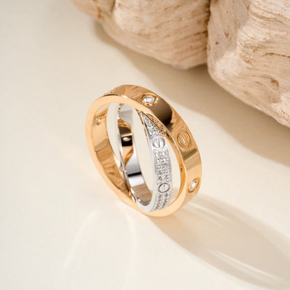 [LUXE] LOVE PINK GOLD SILVER DIAMOND DOUBLE RING