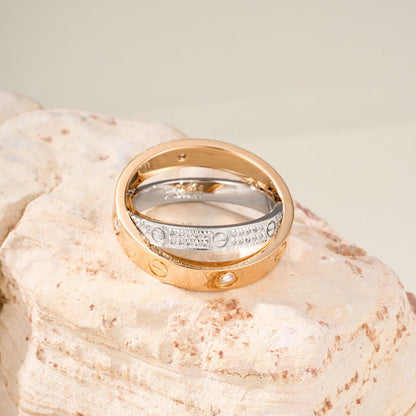 [LUXE] LOVE PINK GOLD SILVER DIAMOND DOUBLE RING
