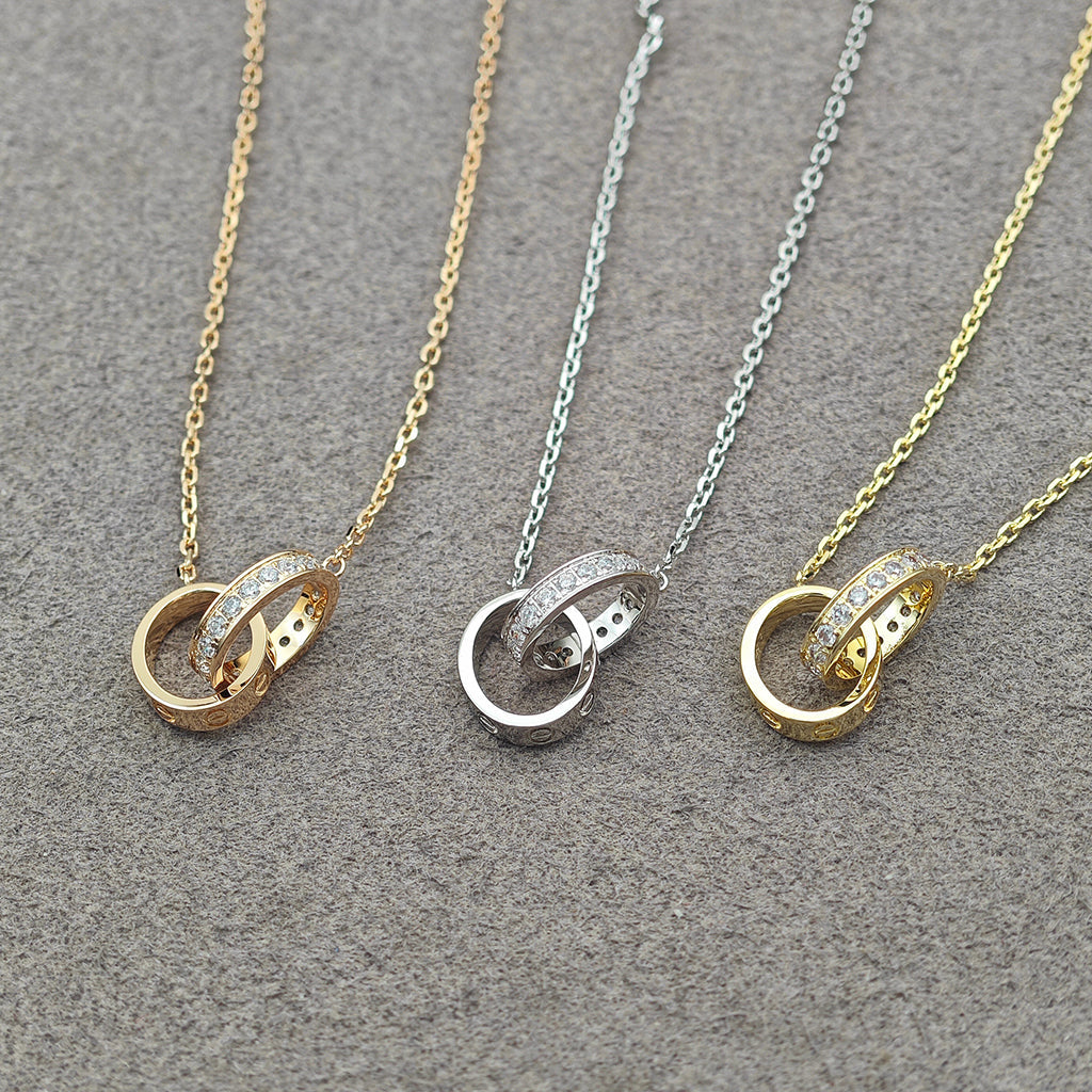 [LUXE] LOVE DOUBLE RING HALF DIAMOND NECKLACE