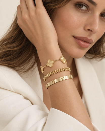 [LUXE] CLASH & Clover Laser 5-Motif & LOVE Brushed Bracelet Stack Set
