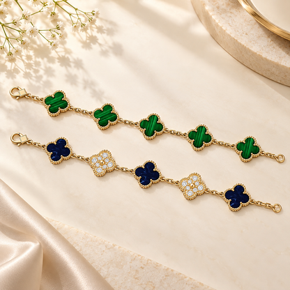 [LUXE]Clover 5-Motif Malachite & Pietersite Bracelet Stack Set