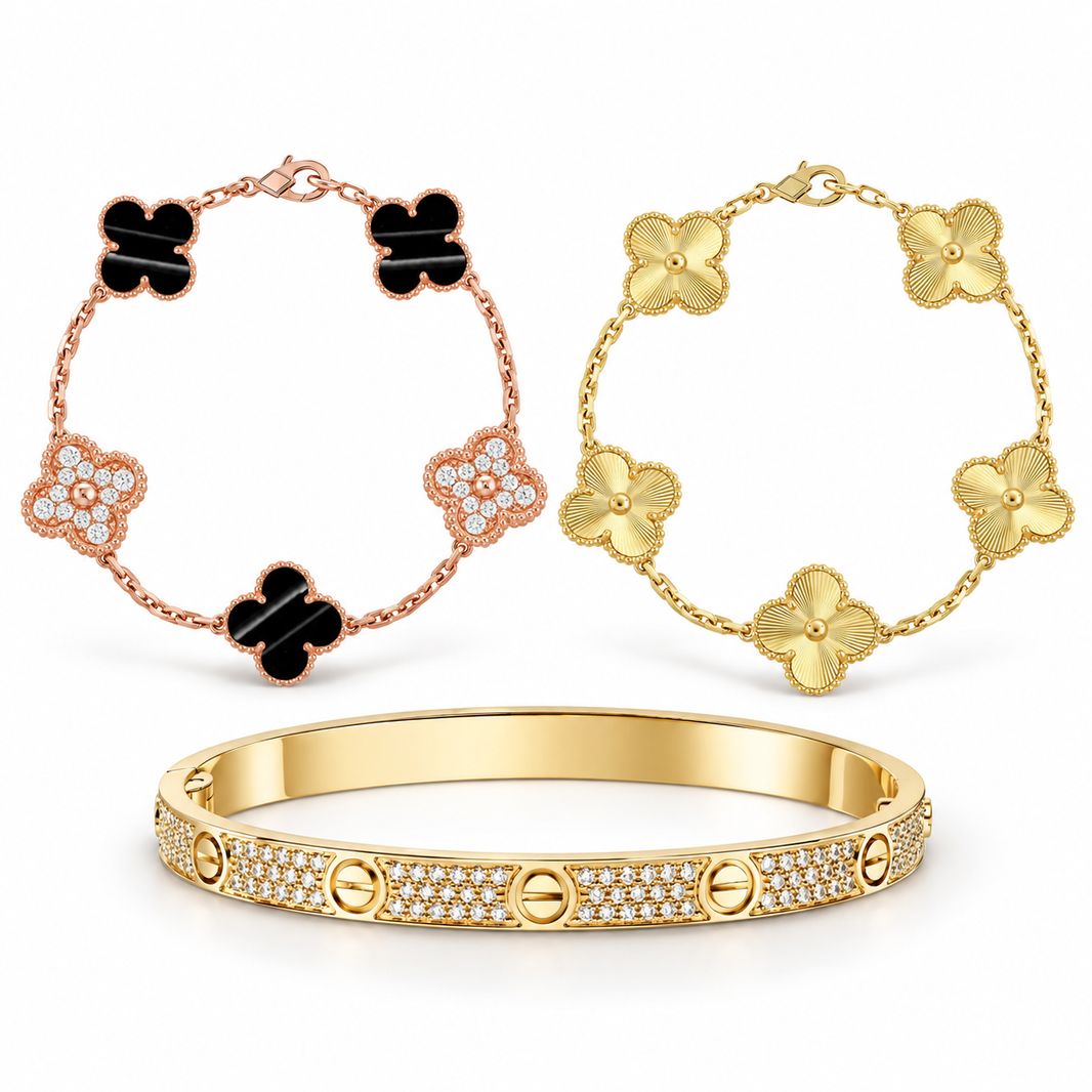 [LUXE]Clover Laser  Pulsar Stone 5-Motif & LOVE Diamond-Paved Bracelet Stack Set