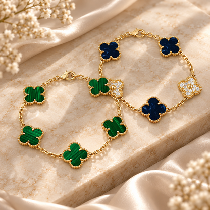 [LUXE]Clover 5-Motif Malachite & Pietersite Bracelet Stack Set