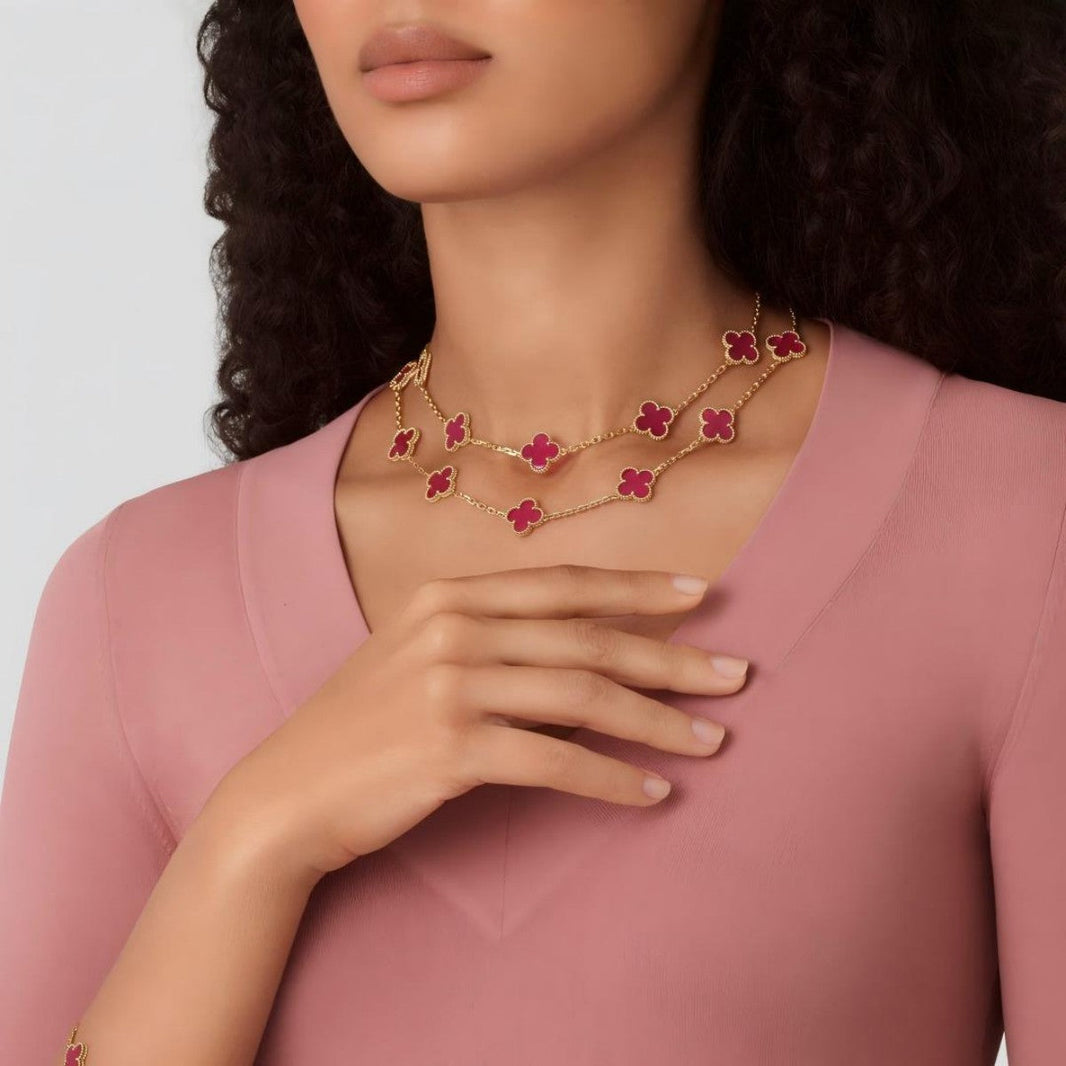 [LUXE]Clover Pink Enamel Necklace & Earring Jewelry Set