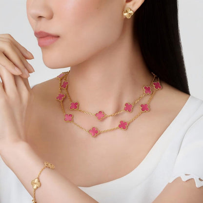 [LUXE] NEW CLOVER 20 MOTIFS PINK ENAMEL NECKLACE